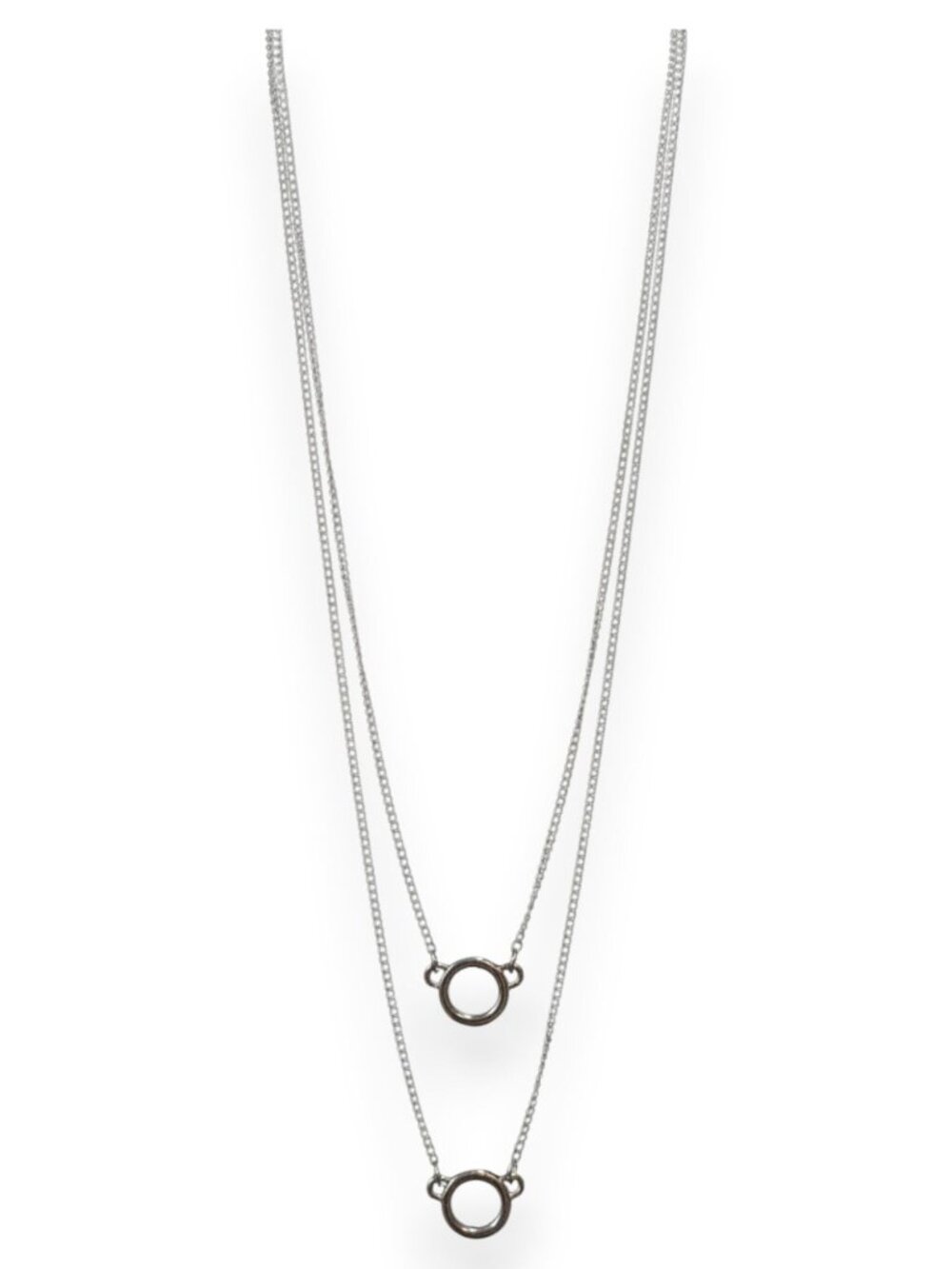 Minimalist Industrial Silver Tone Layered Circle Necklace 26 Inch